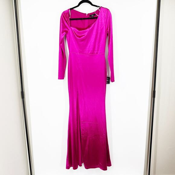 Lulus Off to the Ball Magenta Satin Long Sleeve Maxi Dress NWT - Picture 2 of 13